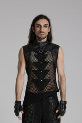 Black Stand Collar Sleeveless Mesh Triangle Eyelets Men's Punk Vest